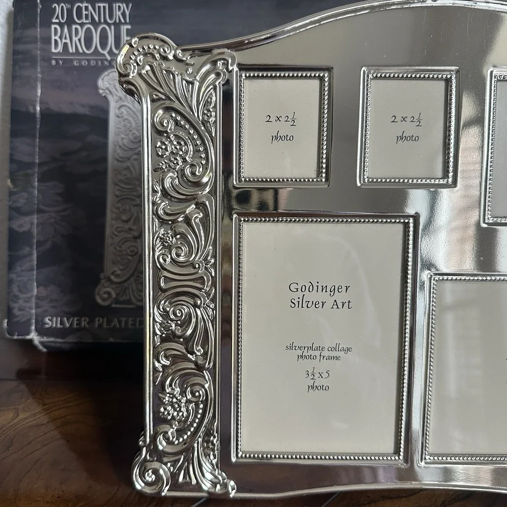 Godinger  5 Picture Collage Photo Frame 11x9.5 Inch Baroque Silver Plated NOS